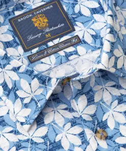 Alternative view of Regular Fit Blue Floral Print Linen Cotton Short Sleeve Shirt