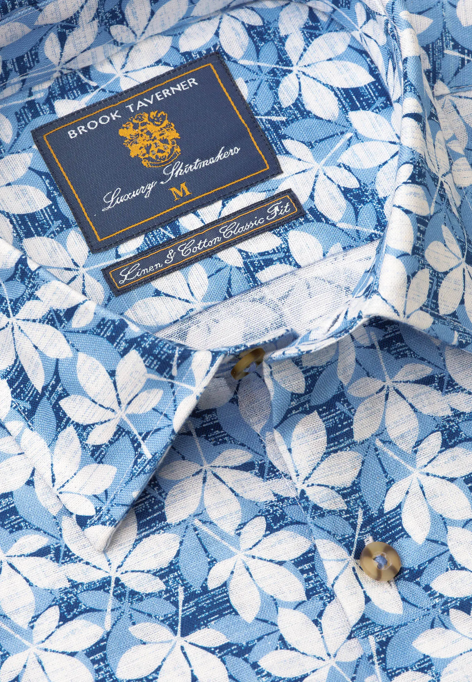 Regular Fit Blue Floral Print Linen Cotton Short Sleeve Shirt - Image 2