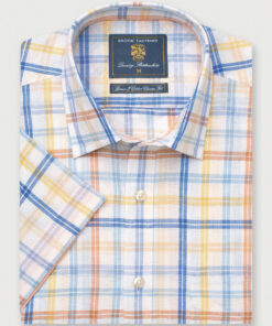 Regular Fit Blue Check Linen Cotton Short Sleeve Shirt