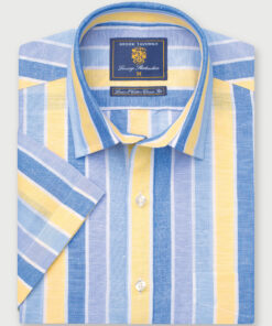 Regular Fit Yellow Stripe Linen Cotton Short Sleeve Shirt