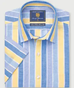 Regular Fit Yellow Stripe Linen Cotton Short Sleeve Shirt