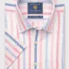 Regular Fit Rose Stripe Linen Cotton Short Sleeve Shirt
