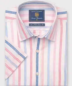 Regular Fit Rose Stripe Linen Cotton Short Sleeve Shirt