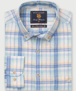 Regular Fit Mint Blue and Yellow Check Linen Cotton Shirt