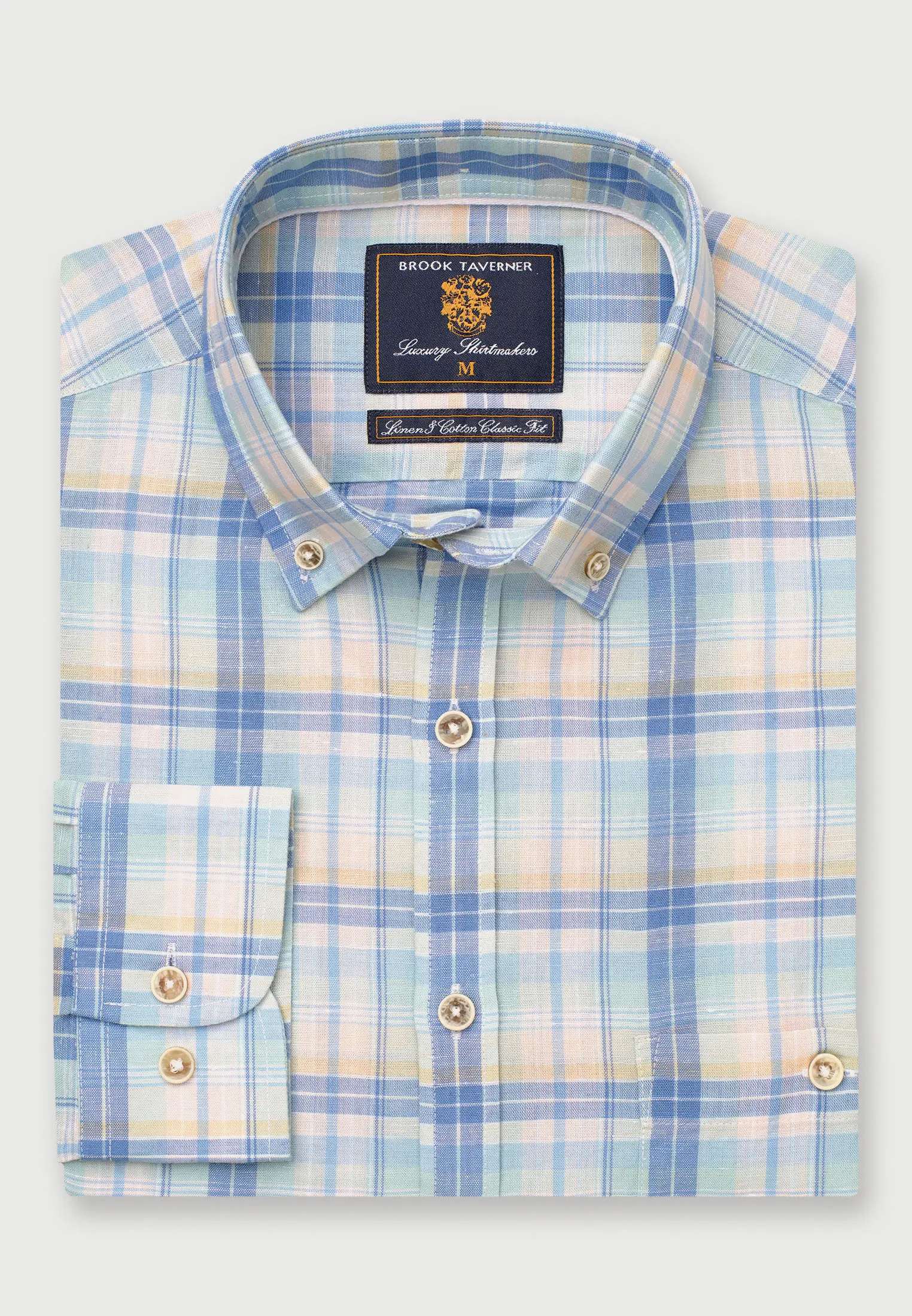 Regular Fit Mint Blue and Yellow Check Linen Cotton Shirt