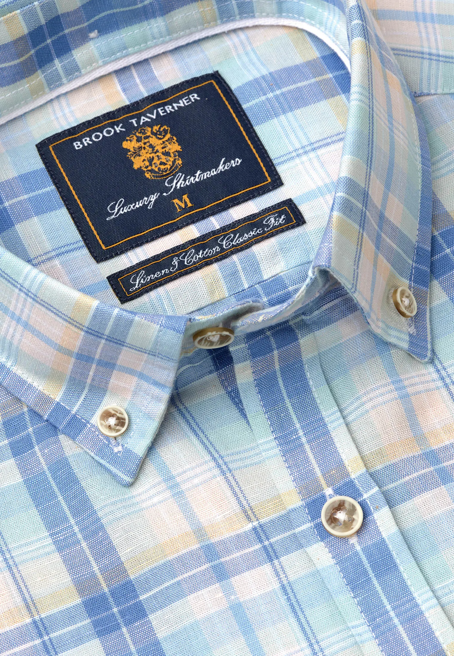 Regular Fit Mint Blue and Yellow Check Linen Cotton Shirt - Image 2