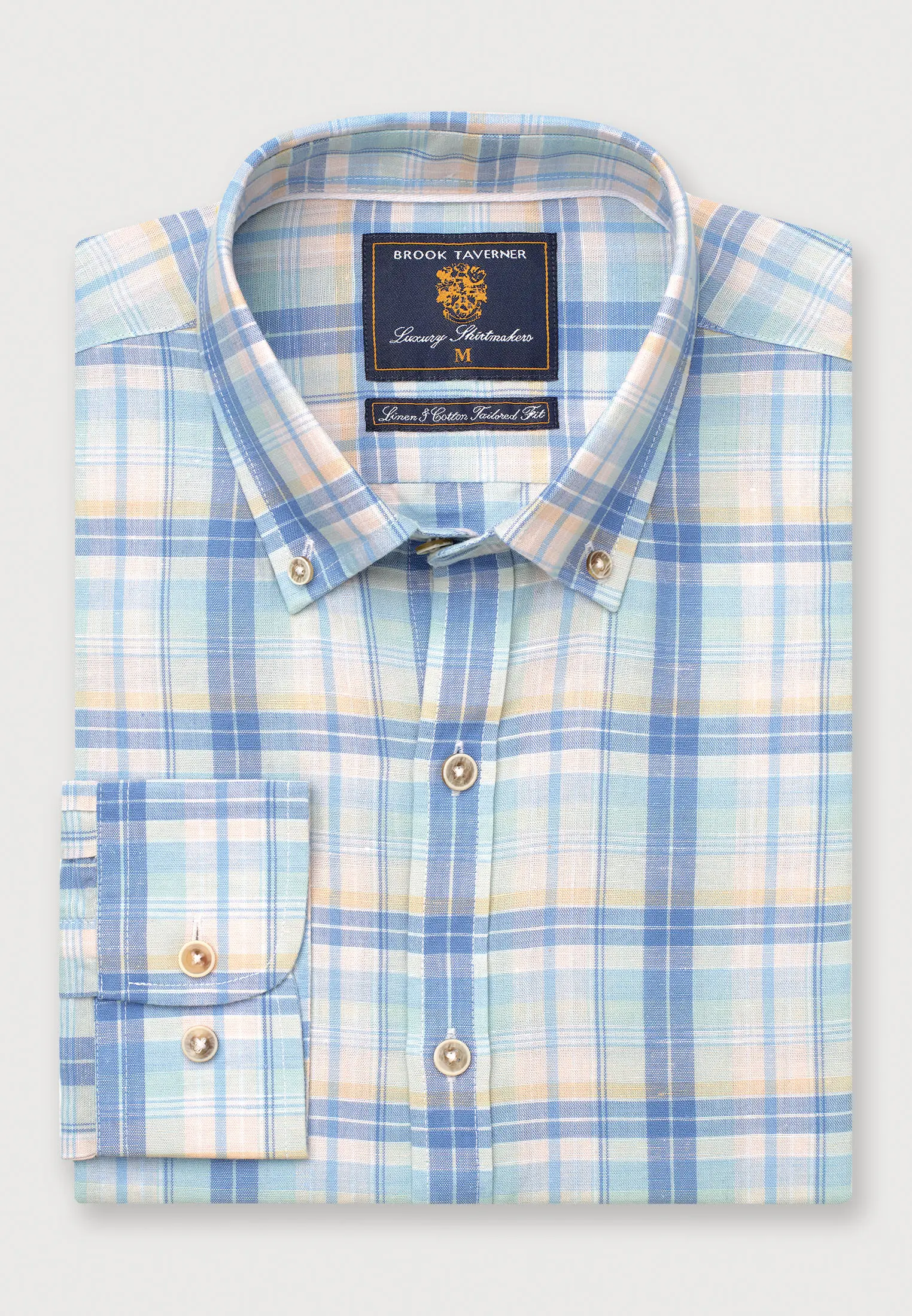 Tailored Fit Mint Blue and Yellow Check Linen Cotton Shirt