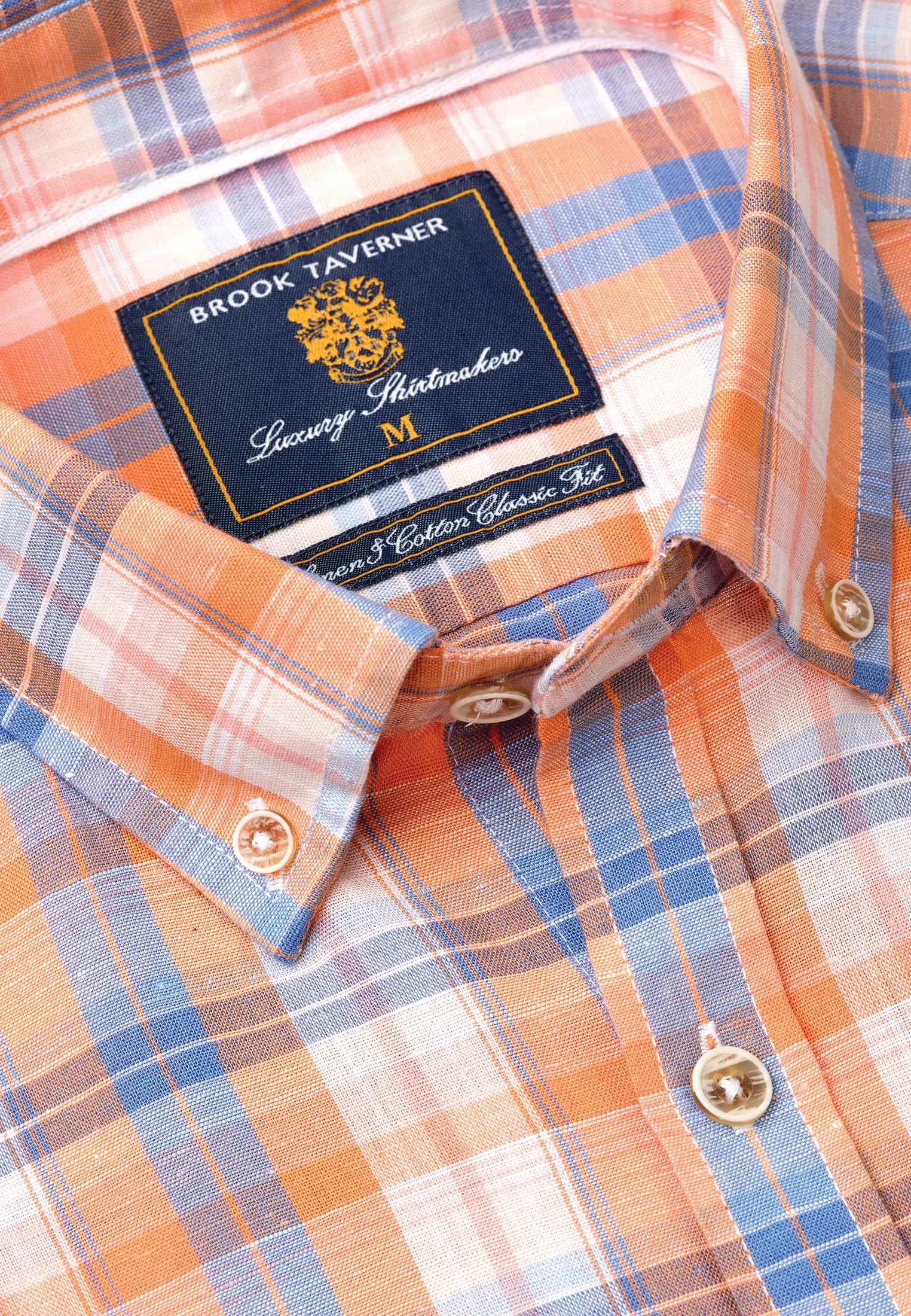 Tailored Fit Apricot Check Linen Cotton Shirt - Image 2