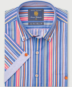 Regular Fit Blue Multicoloured Stripe Cotton Short Sleeve Shirt