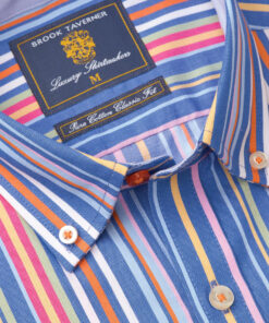 Alternative view of Regular Fit Blue Multicoloured Stripe Cotton Short Sleeve Shirt