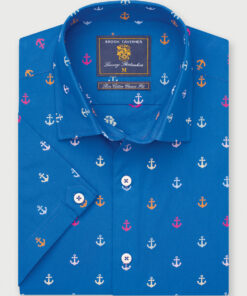 Regular Fit Sea Blue Cotton Short Sleeve Shirt