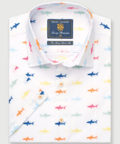 Regular Fit White with Sharks Cotton Short Sleeve Shirt