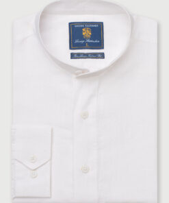 Tailored Fit White Linen Grandad Collar Popover Shirt
