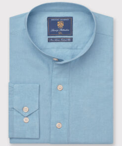 Tailored Fit Turquoise Linen Grandad Collar Popover Shirt