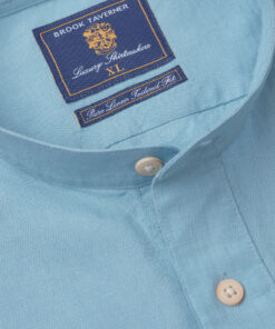 Alternative view of Tailored Fit Turquoise Linen Grandad Collar Popover Shirt