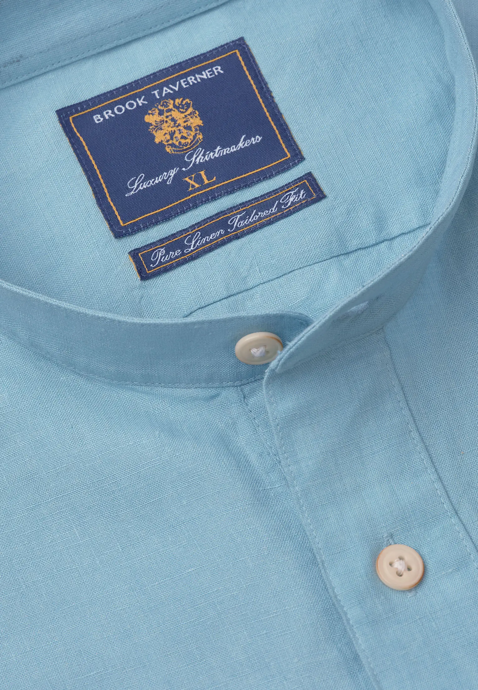 Tailored Fit Turquoise Linen Grandad Collar Popover Shirt - Image 2