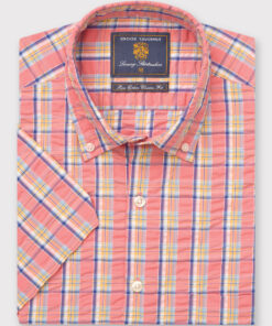 Regular Fit Coral Check Seersucker Cotton Short Sleeve Shirt