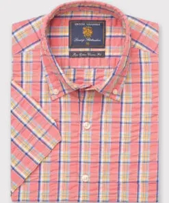 Regular Fit Coral Check Seersucker Cotton Short Sleeve Shirt