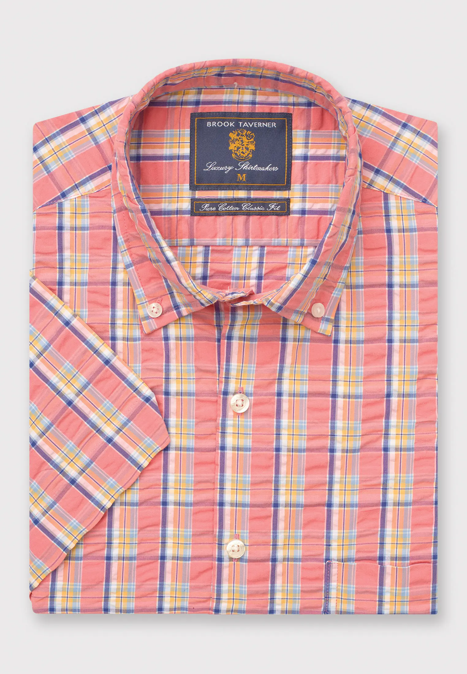 Regular Fit Coral Check Seersucker Cotton Short Sleeve Shirt