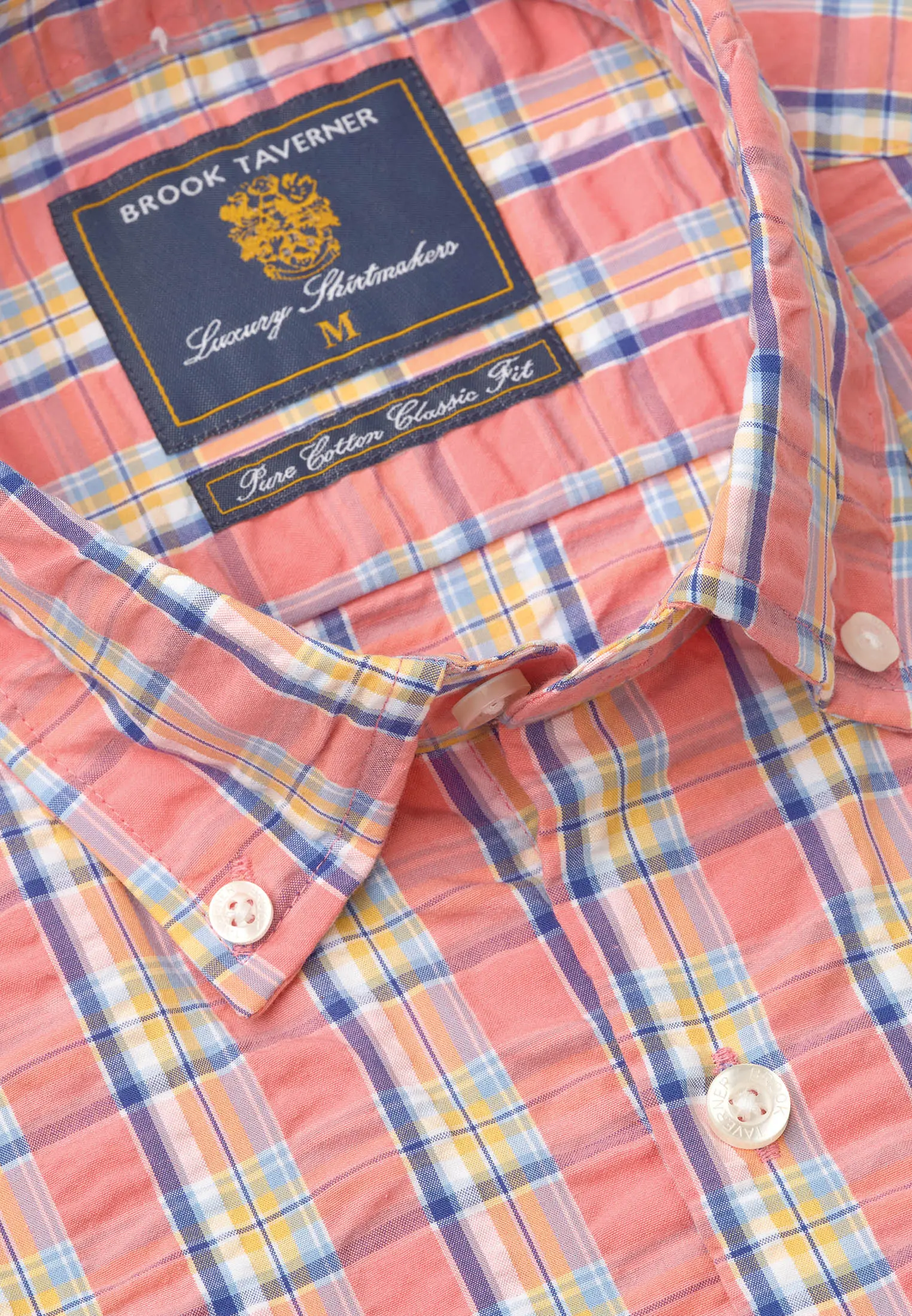 Regular Fit Coral Check Seersucker Cotton Short Sleeve Shirt - Image 2