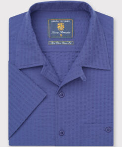 Regular Fit Blue Seersucker Cotton Short Sleeve Shirt