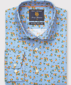 Regular Fit Sky Blue with Oranges Print Cotton Shirt
