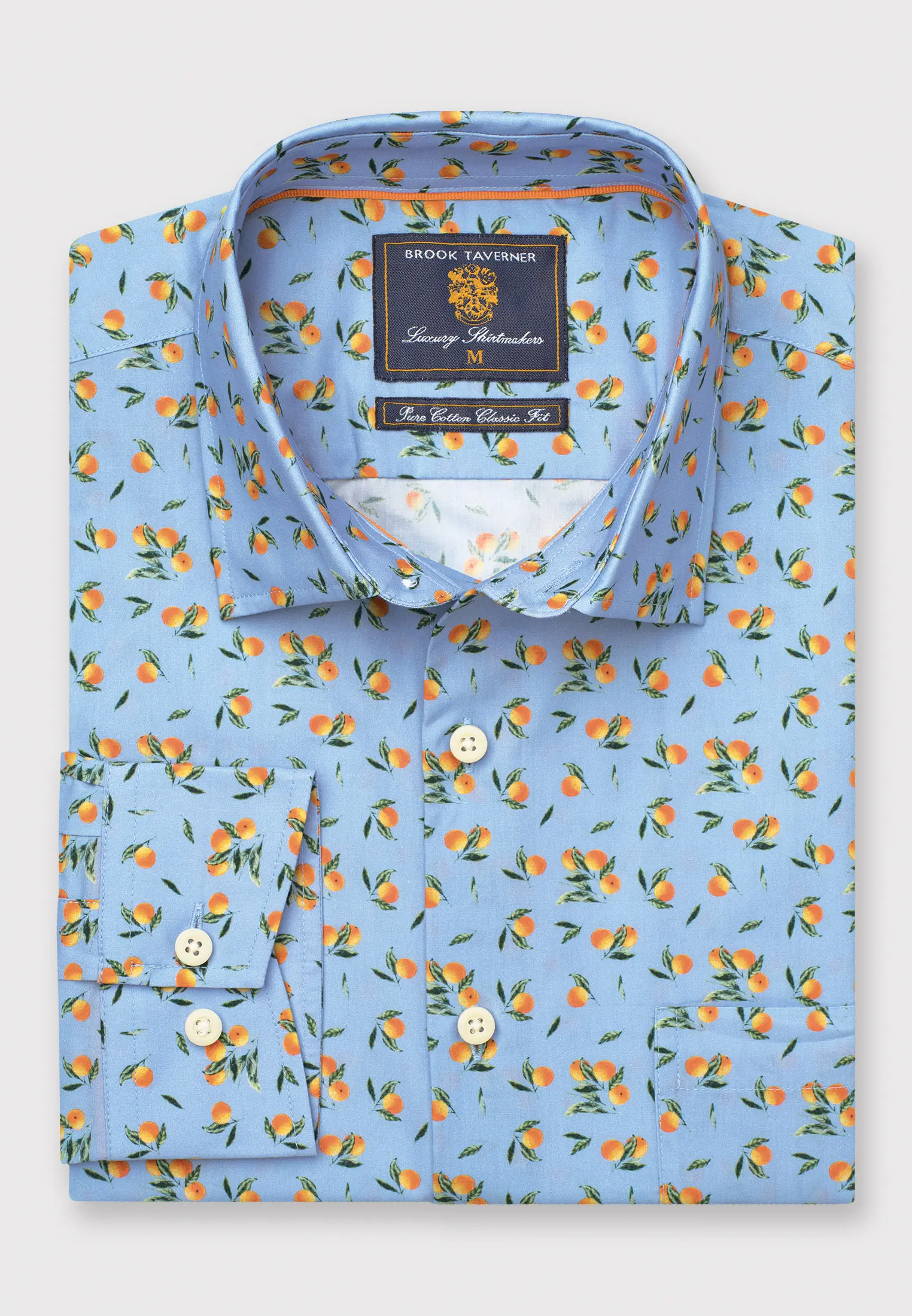 Regular Fit Sky Blue with Oranges Print Cotton Shirt
