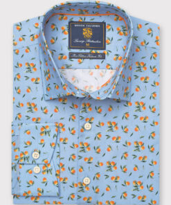 Tailored Fit Sky Blue with Oranges Print Cotton Shirt
