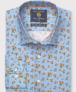Tailored Fit Sky Blue with Oranges Print Cotton Shirt