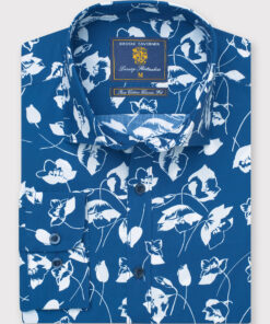 Regular Fit Navy and Ecru Tropical Flower Print Cotton Shirt