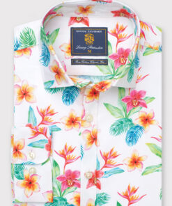 Regular Fit Ecru Flower Print Cotton Shirt