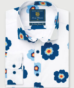 Regular Fit Ecru with Blue Flower Print Cotton Shirt