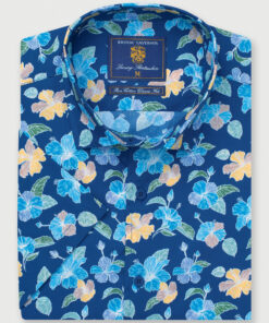 Regular Fit Navy Flower Print Short Sleeve Cotton Shirt