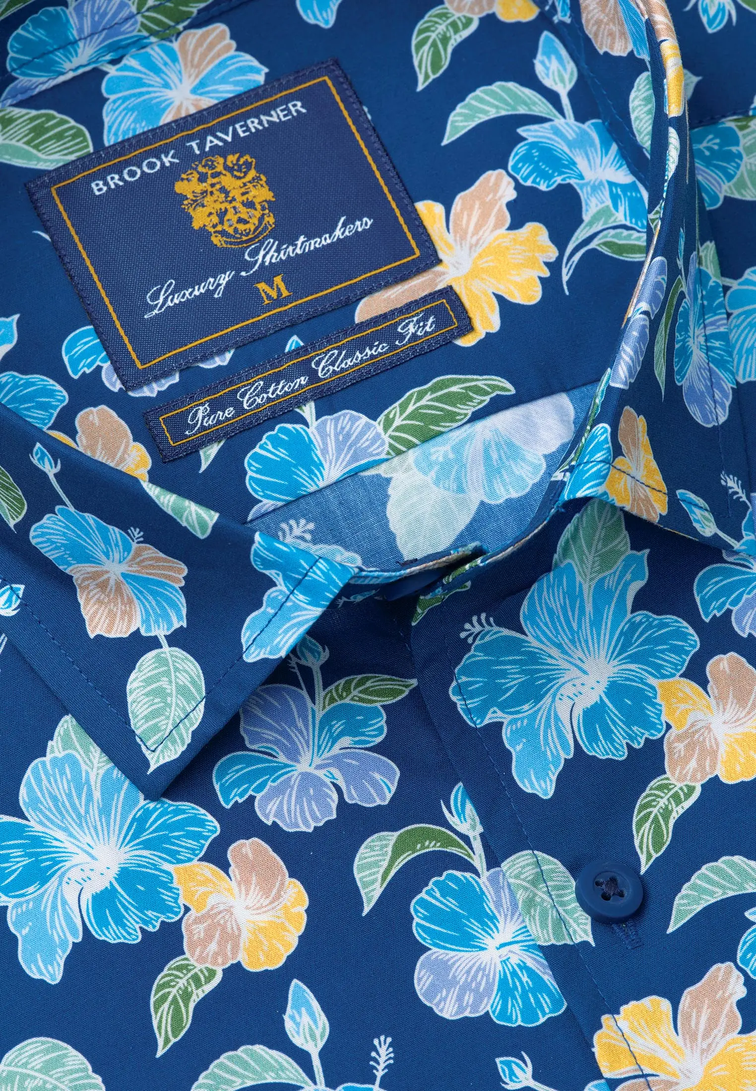 Regular Fit Navy Flower Print Short Sleeve Cotton Shirt - Image 2