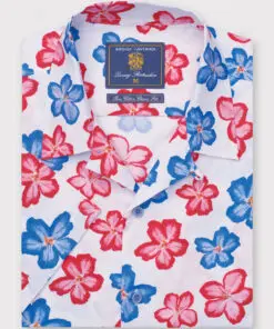 Regular Fit Red and Blue Flower Print Short Sleeve Cotton Shirt