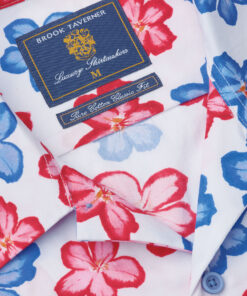 Alternative view of Regular Fit Red and Blue Flower Print Short Sleeve Cotton Shirt