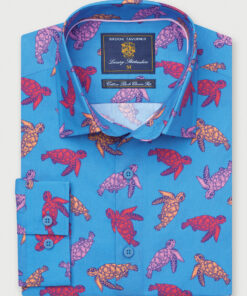Regular Fit Sea Blue Turtles Print REPREVE® Cotton Shirt