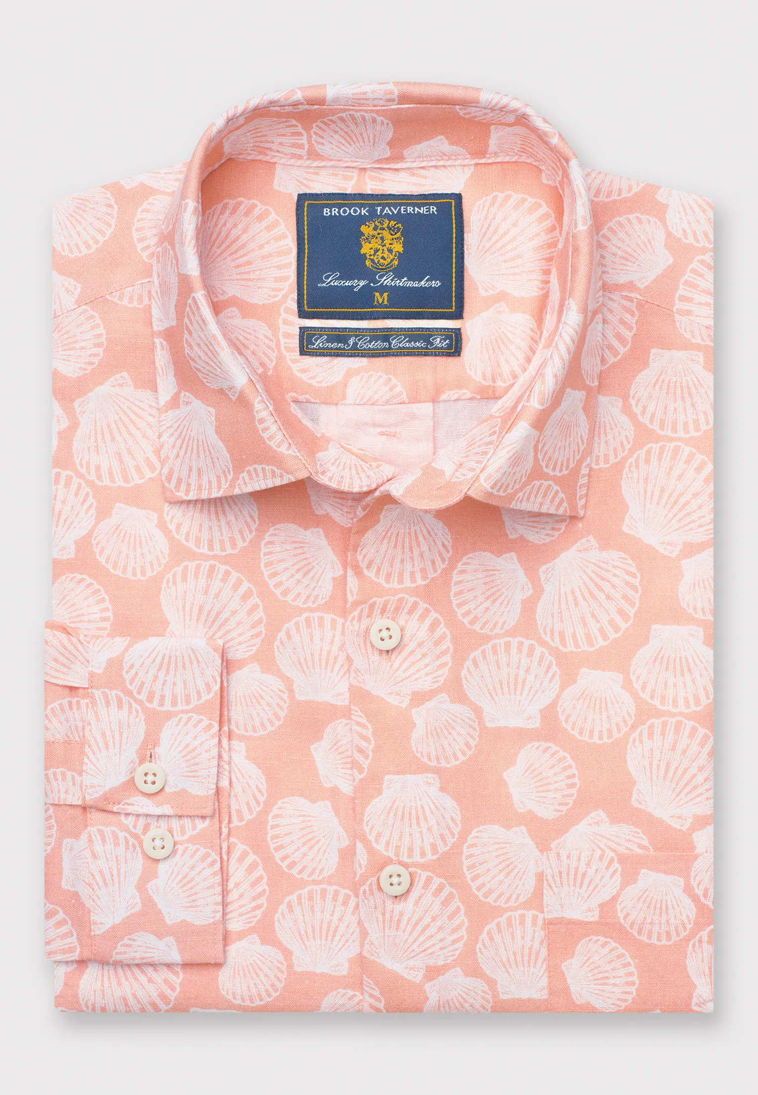 Regular Fit Apricot with Clams Print Linen Cotton Shirt