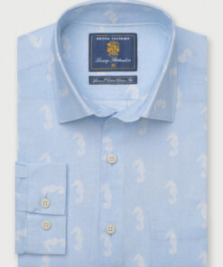 Regular Fit Blue with Seahorses Print Linen Cotton Shirt