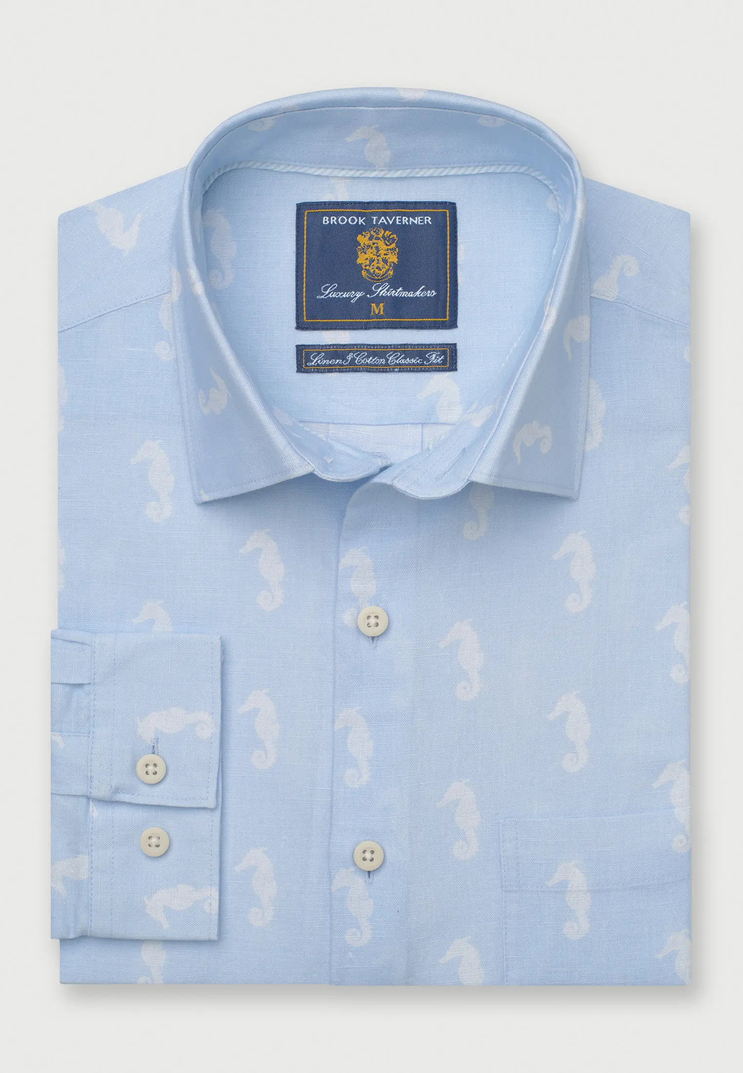 Regular Fit Blue with Seahorses Print Linen Cotton Shirt