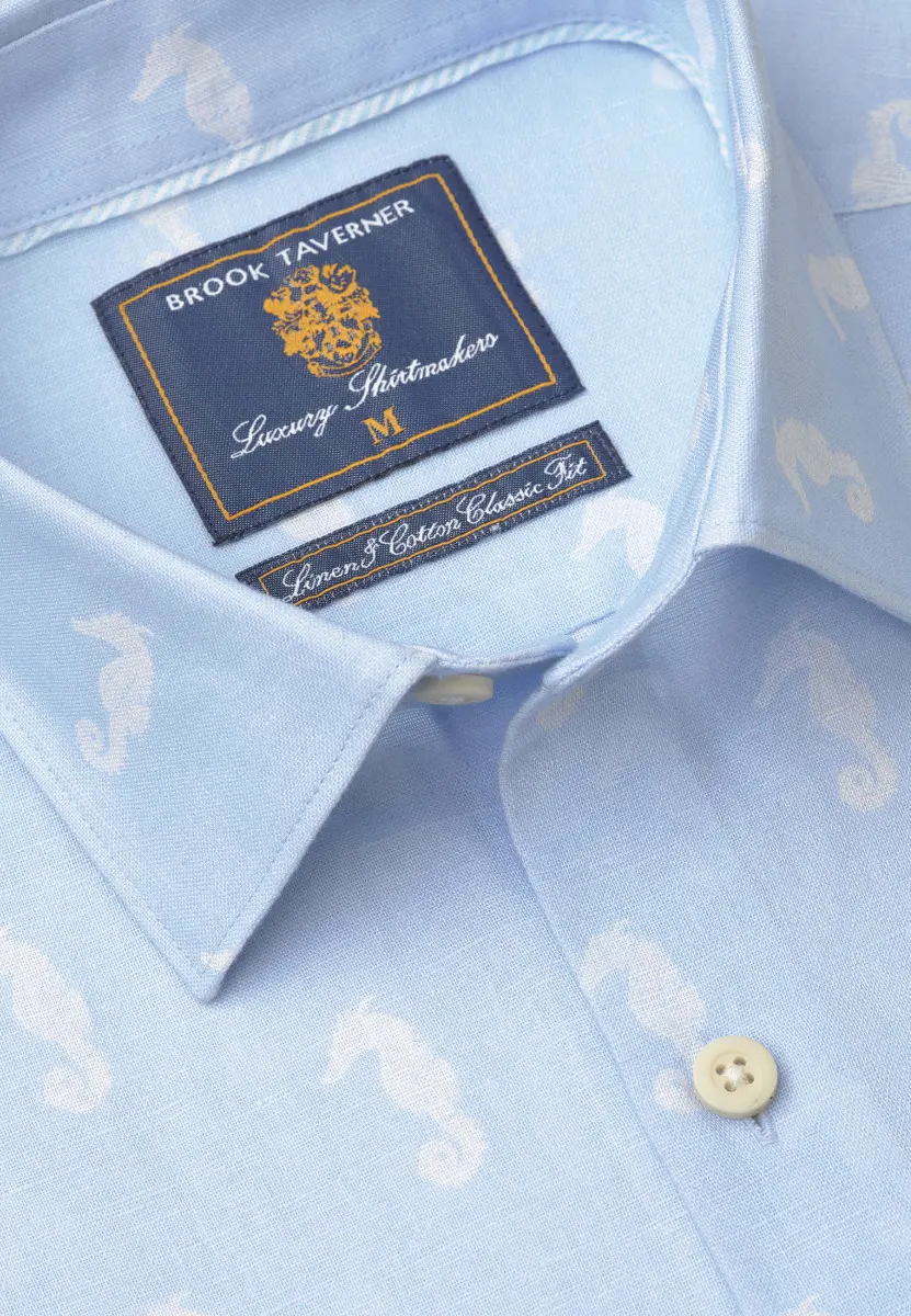 Tailored Fit Blue with Seahorses Print Linen Cotton Shirt - Image 2