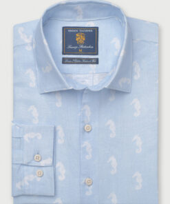 Tailored Fit Blue with Seahorses Print Linen Cotton Shirt