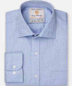 Regular Fit Single Cuff Blue Herringbone Cotton Shirt - Two Sleeve Lengths Available