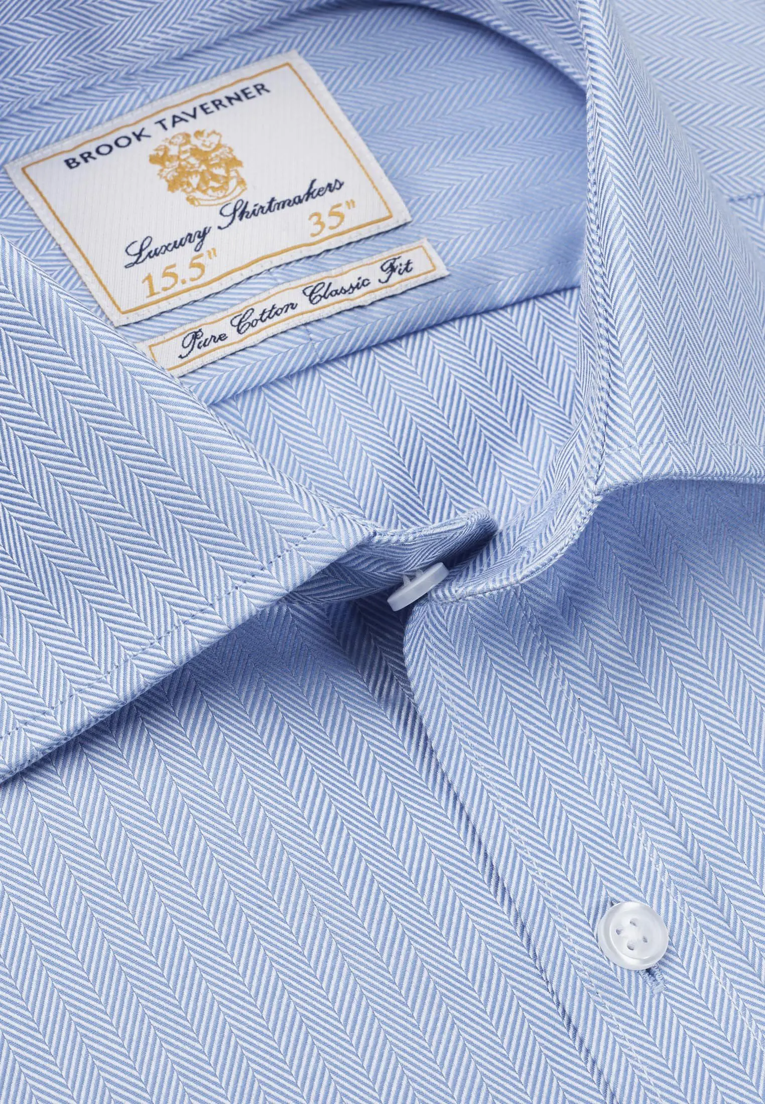 Tailored Fit Double Cuff Blue Herringbone Cotton Shirt - Image 2