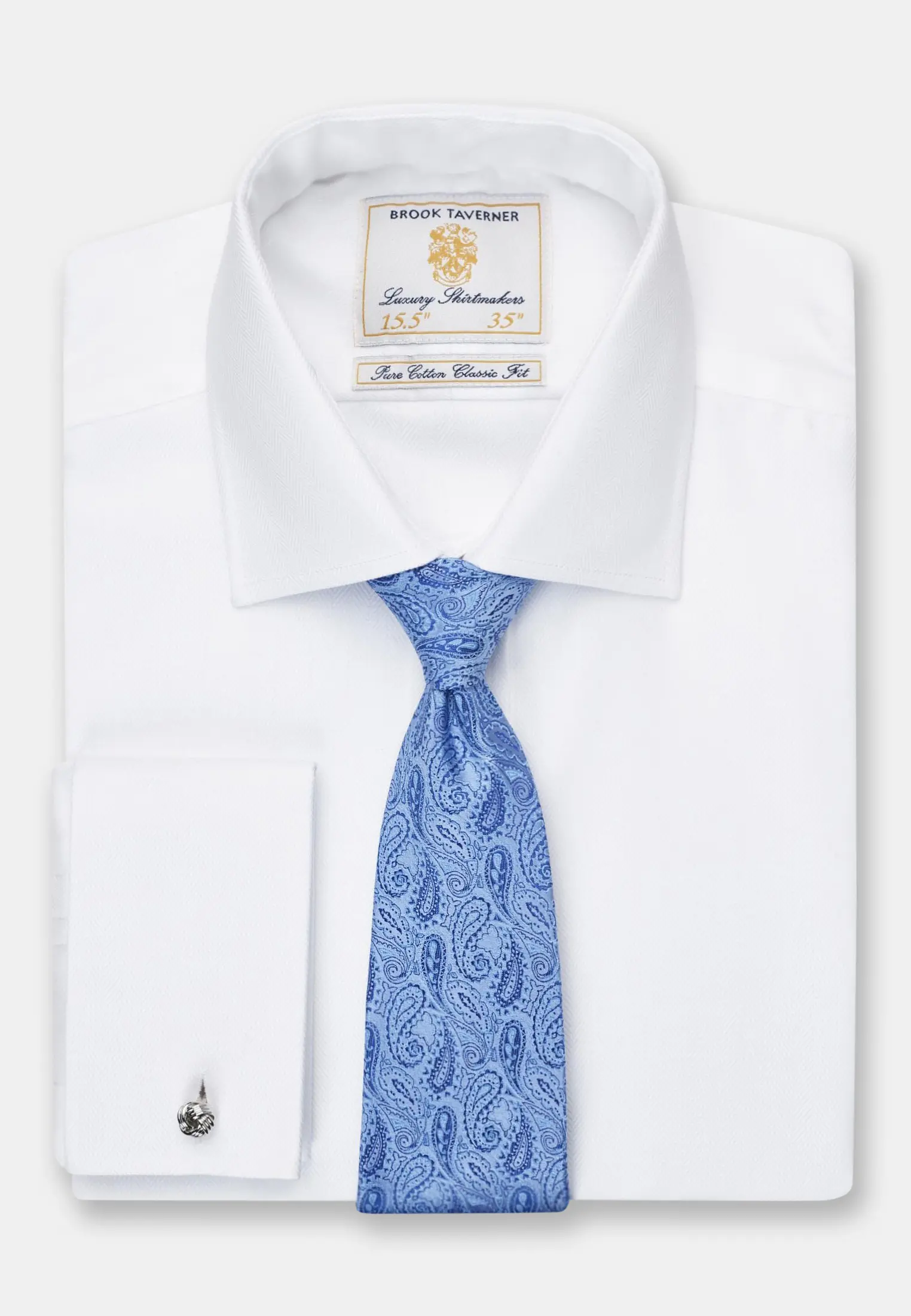 Tailored Fit Double Cuff White Herringbone Cotton Shirt