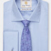 Regular Fit Double Cuff Blue Herringbone Cotton Shirt - Two Sleeve Lengths Available