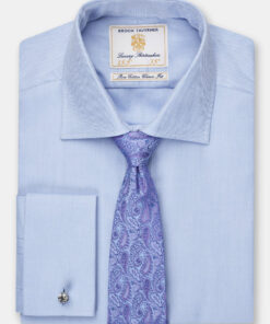 Tailored Fit Double Cuff Blue Herringbone Cotton Shirt