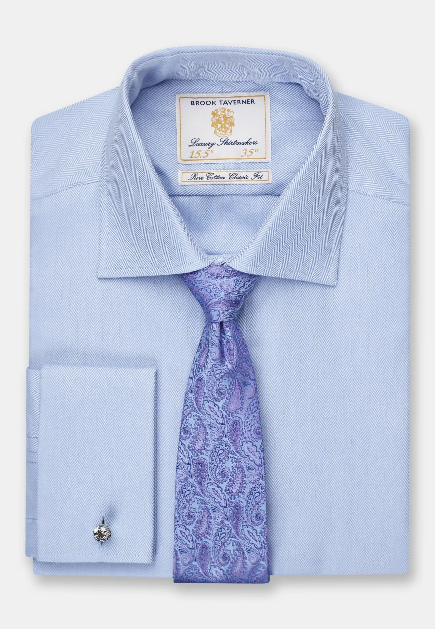 Tailored Fit Double Cuff Blue Herringbone Cotton Shirt