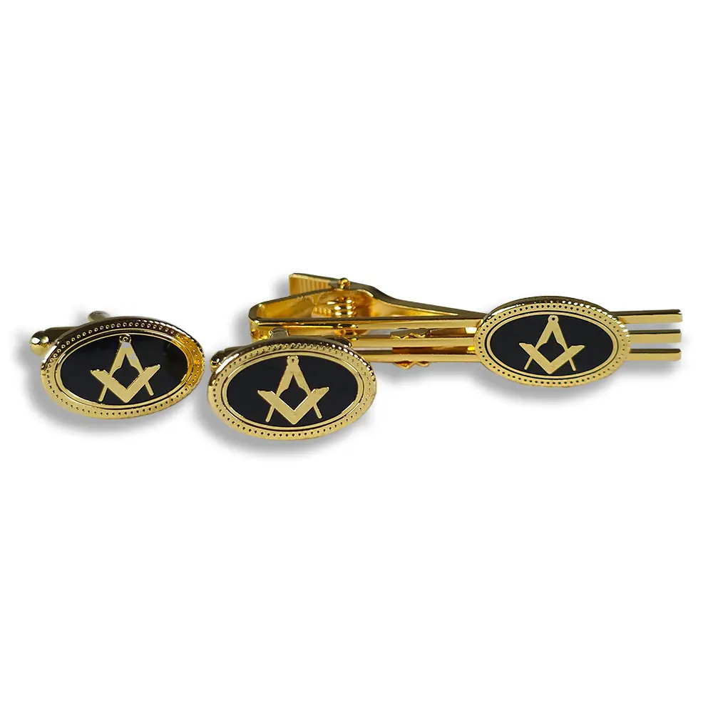Cufflink and Tie retainer set - Black oval square & Compass