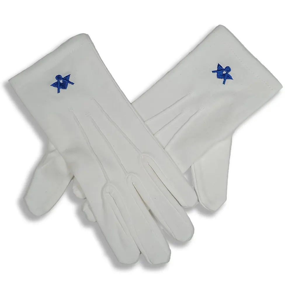 Ladies White Cotton Glove With Square and Compass Motif - Ladies Size
